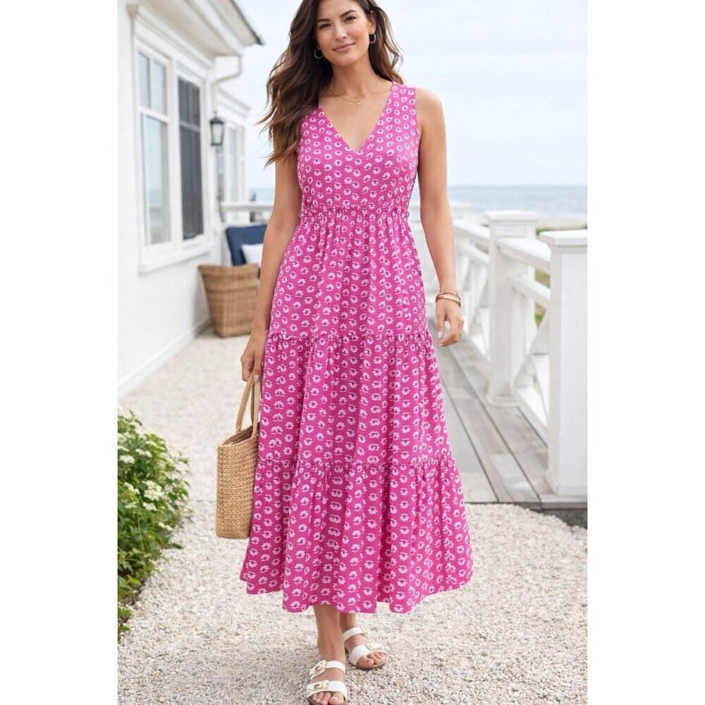 J Crew Womens Midi Dress Sz 2 Pink Floral Boho Tiered Sundress Pockets Festival